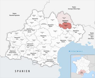 弗洛拉克区在奥克西塔尼大区与洛泽尔省的位置