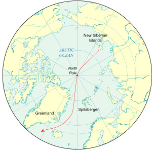 Portion of the globe centred on the North Pole, showing the continental masses of Eurasia and America, also Greenland, Spitsbergen and the New Siberian Islands. The theoretical drift is shown by a line from the New Siberian Islands, through the North Pole and then reaching the Atlantic Ocean by passing between Spitsbergen and Greenland.