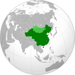 Map of the Republic of China (excluding the de facto independent Tibet) and its occupation of the Outer Mongolia and Uryankhay Krai regions (shown in light green).