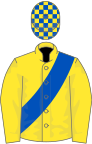 Yellow, royal blue sash, check cap