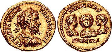 Another example of dynastic portraits on an aureus of Septimius Severus, minted in 202. The reverse feature the portraits of Geta (right), Julia Domna (centre), and Caracalla (left).[14]