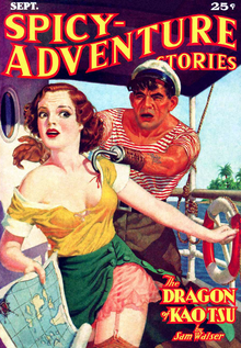 Cover of Spicy-Adventure Stories, showing a woman with torn clothing running away from a hook-handed sailor