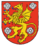 The Östergötland Coat of Arms, "Gules a Griffin with Dragon Wings, Tail and Tongue rampant Or armed, beaked, langued and membered Azure between four Roses Argent".