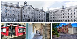 Clockwise from top: National Museum of Ireland at Collins Barracks; Arbour Hill terraced housing; the cloisters at Collins Barracks; an independent publishing house and bookshop