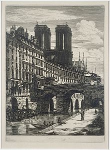 A drawing of a bridge in Paris with boats in the water under it and large buildings surrounding it