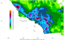 Map showing rainfall from the remnants of Hurricane Dolores in Southern California