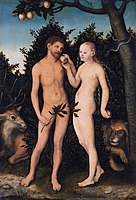 Adam and Eve in paradise (The Fall), Eve gives Adam the forbidden fruit, by Lucas Cranach the Elder, 1533