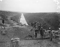 King George V at Riqueval Bridge, the scene of the exploit of the 137th Brigade when the 46th Division crossed the St Quentin Canal cutting on 29 September 1918 (photo taken 2 December).