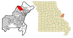 黑泽尔伍德在圣路易斯县及密苏里州的位置（以红色标示）