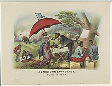 Black couple at an elegant picnic, bull in background pawing the turf