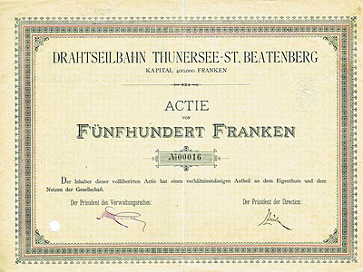 share certificate of 1889 for Drahtseilbahn Thunersee-St.Beatenberg