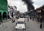 A United Nations patrol through the suburb of Bel Air on 19th January 2010, a week after the Haiti Earthquake