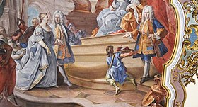 Giovanni Angelo Borroni, Antoniotto Botta Adorno at the feet of the Tsarina together with Anthony Ulrich of Brunswick and his wife Anna Leopoldovna.