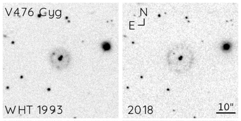 Two images of the shell surrounding V476 Cygni taken 25 years apart, showing the nebula's expansion. Both were taken with Hα filters, left at the William Herschel Telescope, and right with the Nordic Optical Telescope.[1]