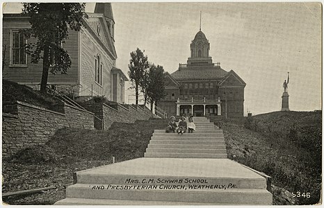 Presbyterian church, Schwab School and Civil War Memorial on an old postcard