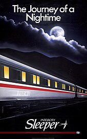 Under a strapline 'The Journey of a Nighttime', an image of an InterCity train at night, under a full moon with clouds. Printed 1988