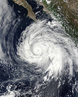 Satellite image of Hurricane Dolores near peak intensity south of the Baja California Peninsula.