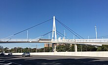 A cable-stayed footbridge over a freeway