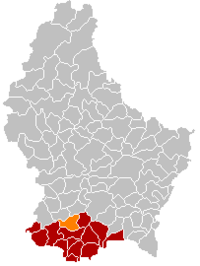 梅斯河畔雷康日在卢森堡地图上的位置，梅斯河畔雷康日为橙色，阿尔泽特河畔埃施县为深红色