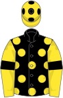 Black, yellow spots, yellow sleeves, black armlets and spots on yellow cap