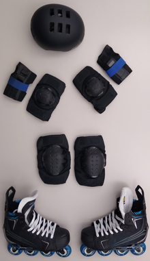 Typical inline skating gear includes skates, knee and elbow pads, wrist guards, and a helmet.
