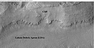 Enlargement of previous CTX image of mesa This image shows the cliff face and detail in the LDA. Image taken with HiRISE under HiWish program. Location is Ismenius Lacus quadrangle.