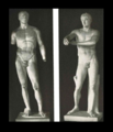 A statue of Agias (height: 2 metres) and a statue of Apoxyomenos (height: 2.05 metres). Front view. The original image which was scanned can be located in Gardner, Percy (1846-1937), New Chapters in Greek Art, London: Oxford University Press, 1926, plate VIII