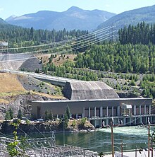 Kootenay River between Nelson, BC and Castlegar, BC, CanadaSouth Slocan Dam buildings are at the bottom of the frame