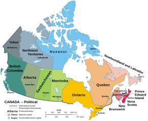 Labelled map of Canada detailing its provinces and territories