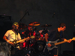 Propagandhi (from left to right: David "The Beaver" Guillas, Jord Samolesky, Todd Kowalski) performing at Galpón Víctor Jara in Santiago, Chile, 2007