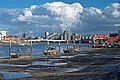 From Wandsworth Park looking towards Wandsworth Bridge at low tide on Thames. The barges are bird sanctuaries.