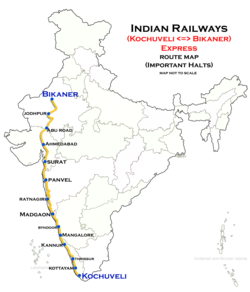 (Kochuveli–Bikaner) Express route map