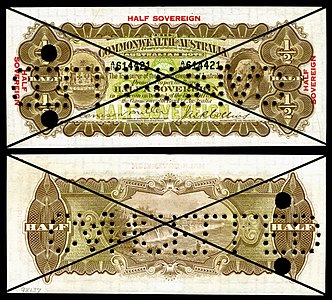 Australian half-sovereign note from the series of 1923–25 at Banknotes of the Australian pound, by the Commonwealth Bank