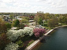 An aerial photo of the Barberton Veteran's Memorial at Lake Anna Park in Barberton, Ohio