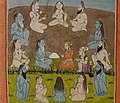 Janamsakhis painting of Guru Nanak's dialogue with Sant Ren feeding the hungry ascetics during the Sacha Sauda episode.