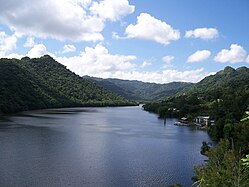 Lago Dos Bocas, view from the bridge on the dam facing south, PR-123