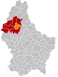 格斯多夫在卢森堡地图上的位置，格斯多夫为橙色，维尔茨县为深红色