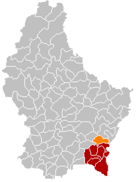 伦宁根在卢森堡地图上的位置，伦宁根为橙色，雷米希县为深红色