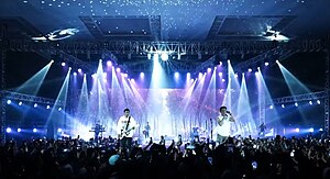 The band performs in Makassar on 25 November 2022. From left: David, Lukman, Iwan, Iqbal, Ariel, Lanlan