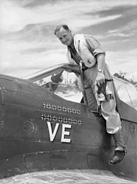 Full-length portrait of pilot smiling at the camera as he emerges from cockpit of single-engined monoplane with several black crosses and the letters "VE" prominently displayed on the fuselage