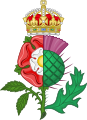 The Tudor rose dimidiated with the Scottish thistle, James used the device as a royal heraldic badge.
