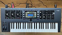 A top-down picture of the Waldorf Iridium Keyboard synthesizer, turned on, with a latched chord playing. The screen shows the filter configuration screen.