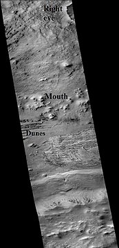 Part of Galle Crater, as seen by CTX camera (on Mars Reconnaissance Orbiter). The right eye and mouth are labeled. One of two dune fields are labeled as well.