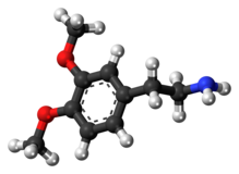 Ball-and-stick model of the 3,4-dimethoxyphenethylamine molecule