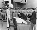 Mamoru Shigemitsu signs the Japanese Instrument of Surrender