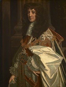 This painting of Prince Rupert shows an older man, posed sideways to the viewer. He is dressed in full state regalia, with gold chains and expensive clothes. His hair is long, black and curled. He looks older, but his facial experience looks slightly sardonic.