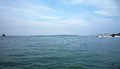 The ferry harbor with Mackinac Island in the distance