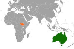 Map indicating locations of Australia and South Sudan