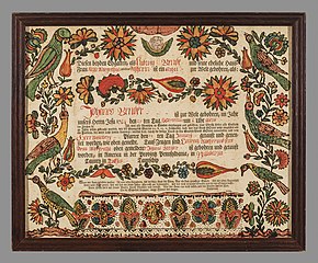 Colorful certificate showing birds and other decorative motifs
