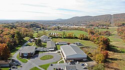A drone photo showing the Harrisburg Christian School Campus in the fall.